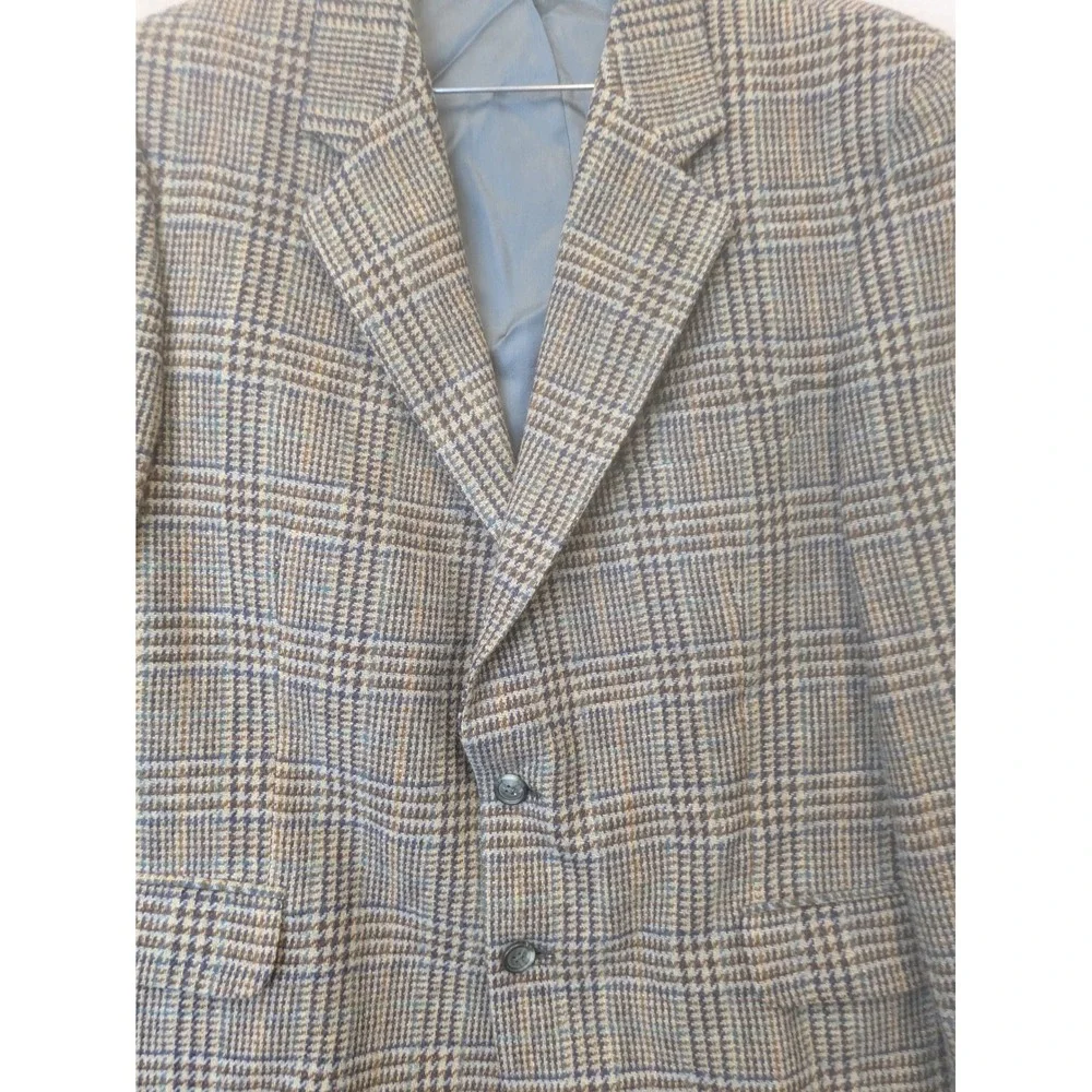 English Manor Blazer Men's 41R Brown Blue Plaid Wool Tweed Sport Coat Jacket